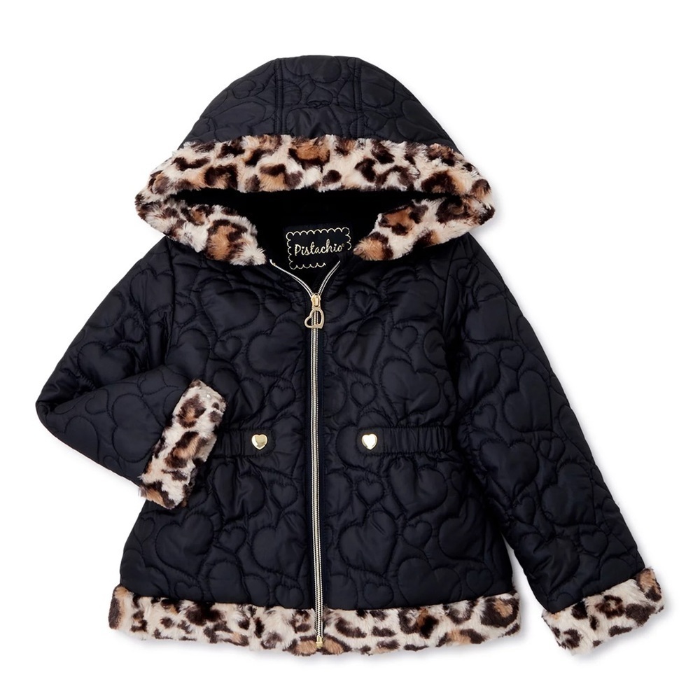 Girls Black Puffer Animal Printed Warm Cozy Zip Up Jacket Size 4